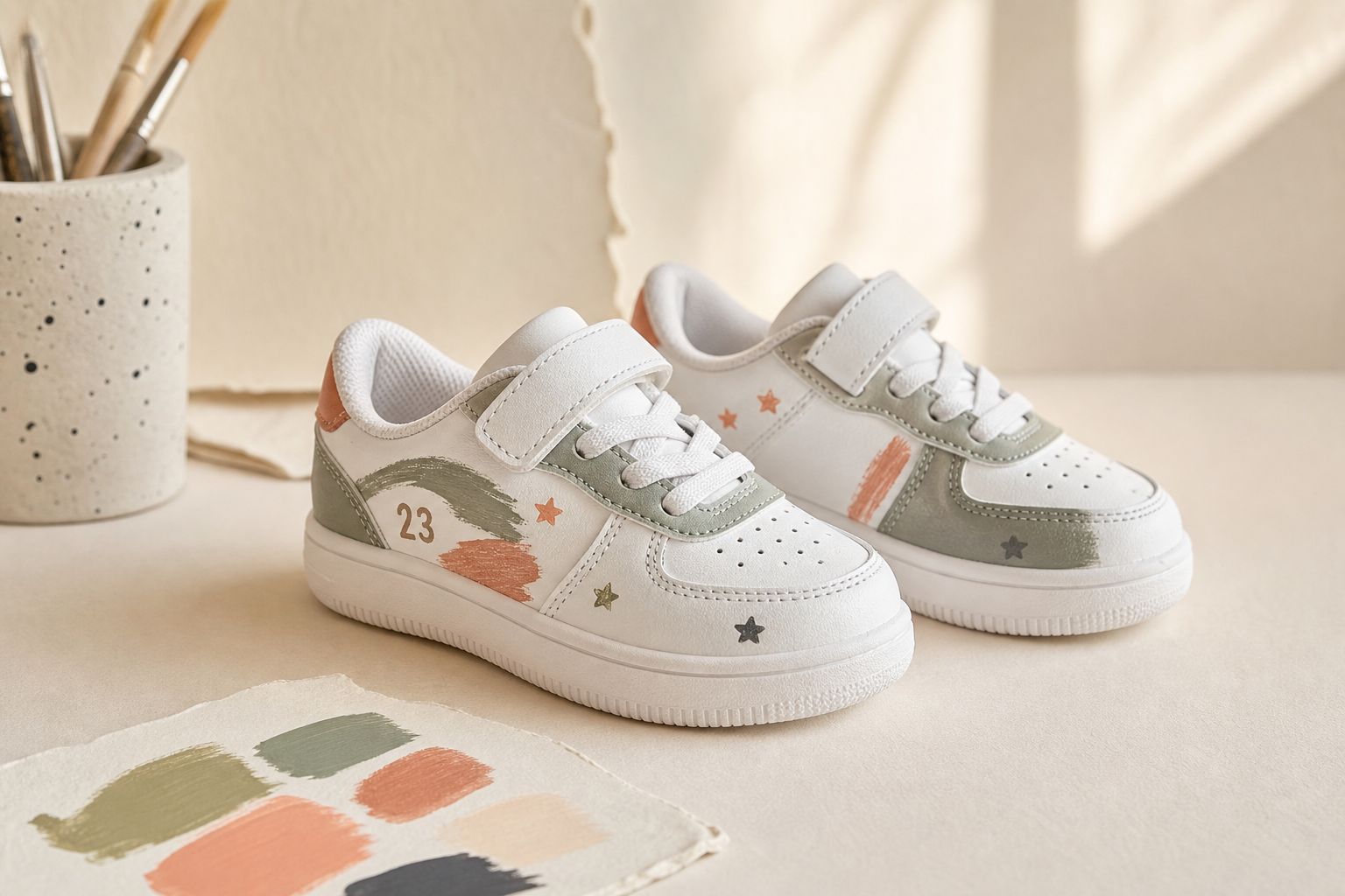 Hand-painted children's sneakers with soft custom colors